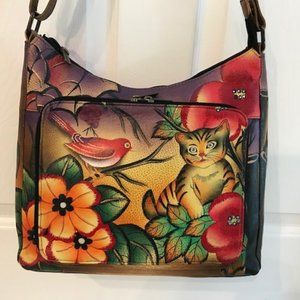 Anuschka Kitten/Flowers Hand Painted Leather Handbag